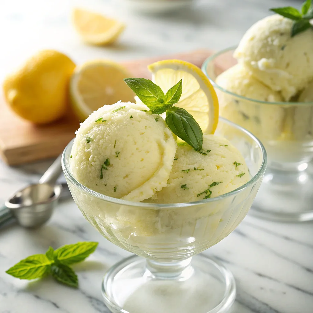 Lemon basil sorbet served in glass bowl