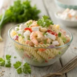Creamy seafood pasta salad with shrimp and crab