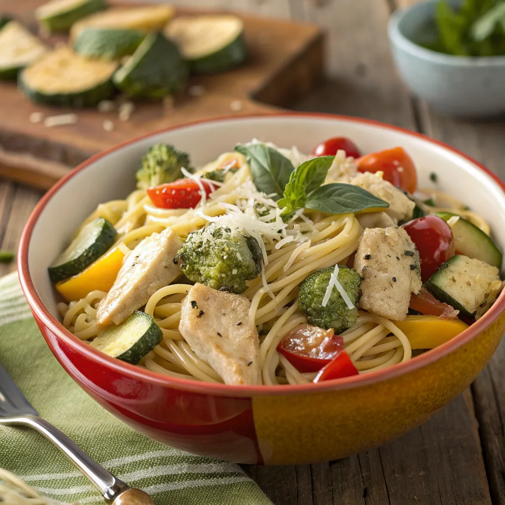Chicken pasta primavera close-up served in a bowl
