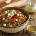 French lentil salad with vegetables and feta