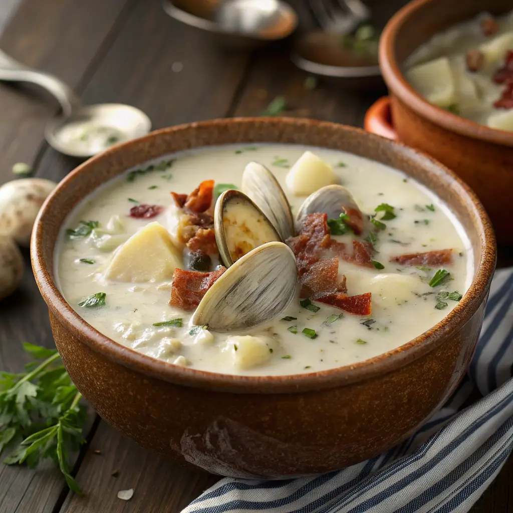 Creamy clam chowder in a bowl