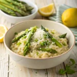 Lemon-asparagus risotto served in white bowl