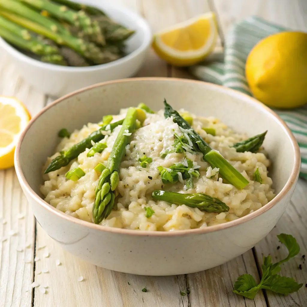 Lemon-asparagus risotto served in white bowl