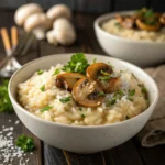Creamy easy mushroom risotto served in white bowl