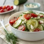 Cucumber feta salad served in a white bowl