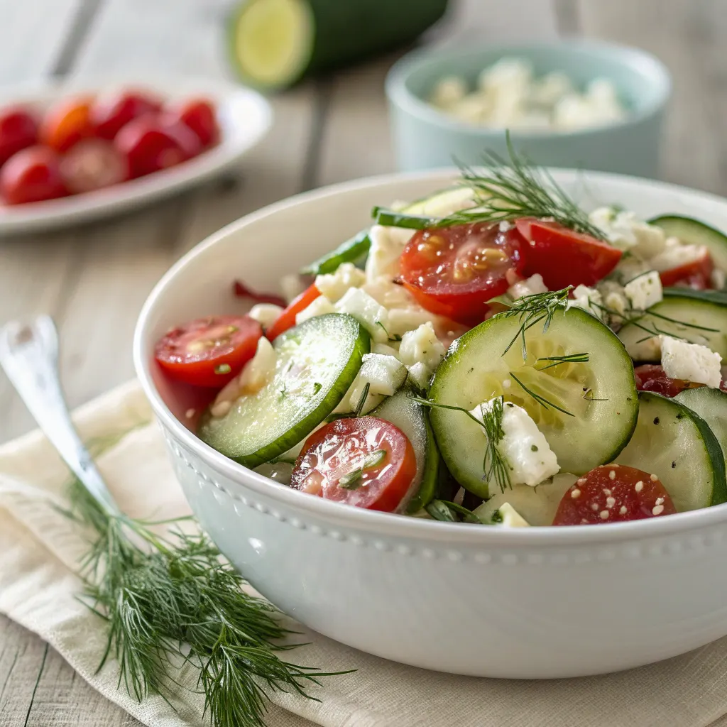 Cucumber feta salad served in a white bowl