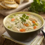 Creamy chicken and rice soup in a rustic bowl