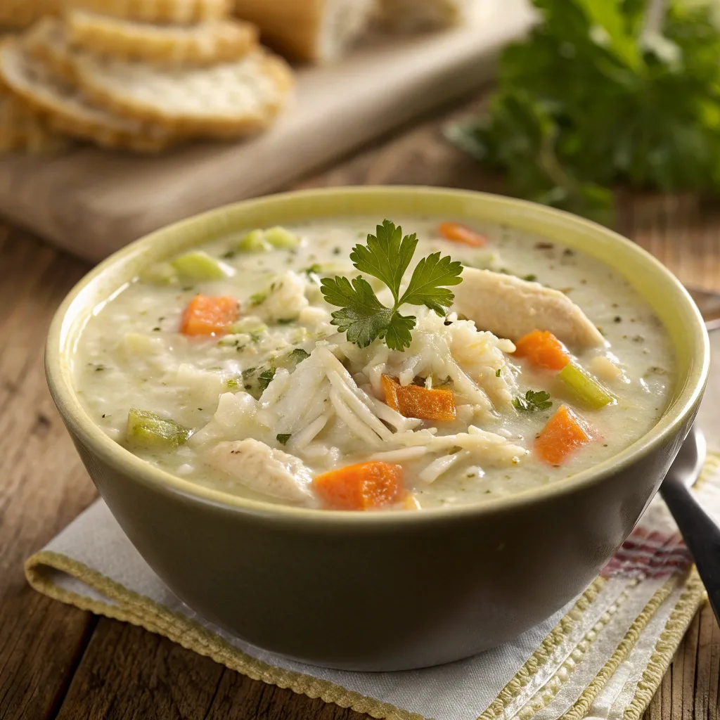 Creamy chicken and rice soup in a rustic bowl