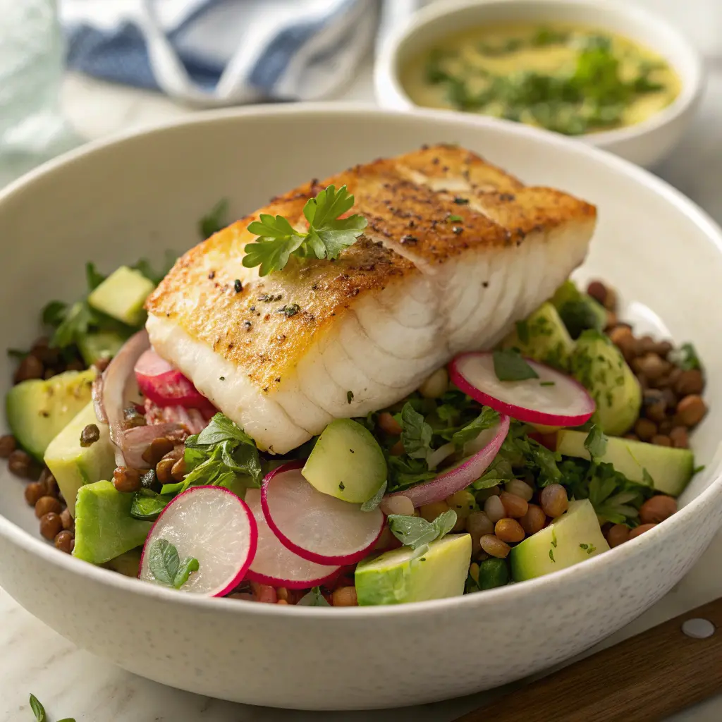 Pan-Seared Cod with Radish Lentil Salad plated