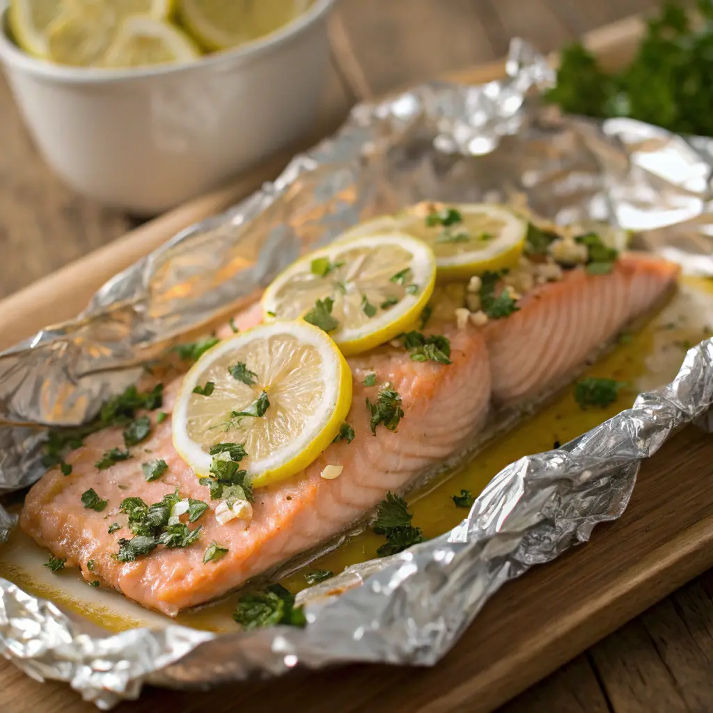 Baked salmon in foil with lemon and herbs