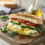 Mediterranean breakfast sandwich with eggs and feta