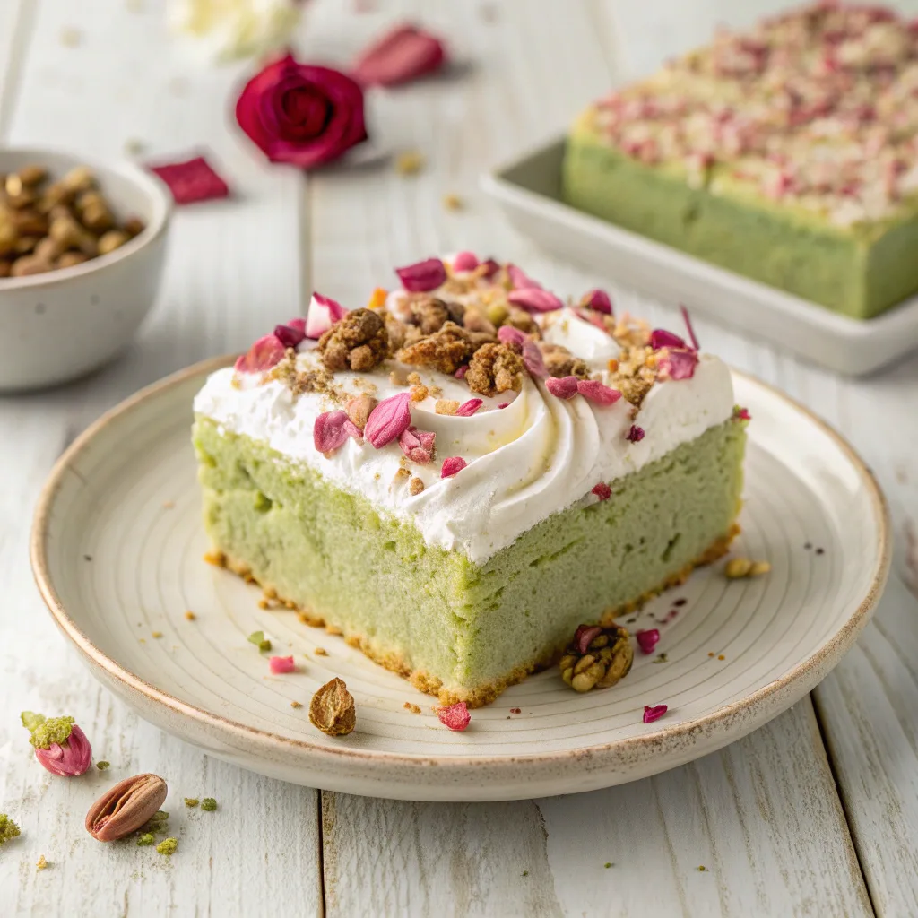 Pistachio rose milk cake slice with whipped cream