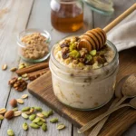 Glass jar of Baklava Overnight Oats topped with nuts and honey