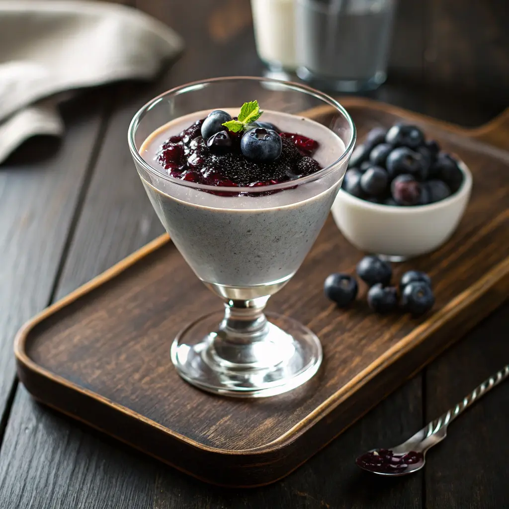 Grey Panna Cotta topped with blueberry compote
