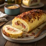 Bacon and sausage stuffed potato loaf slice