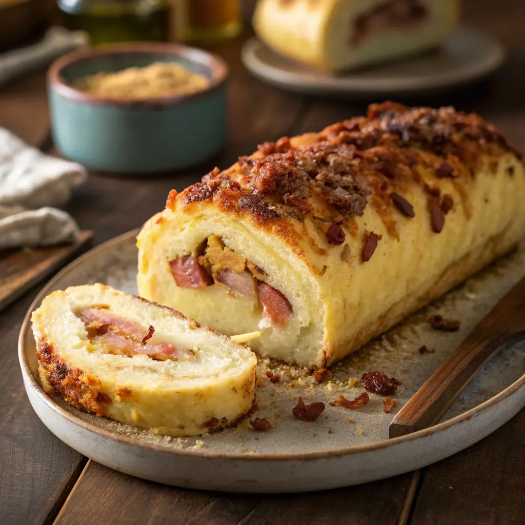 Bacon and sausage stuffed potato loaf slice