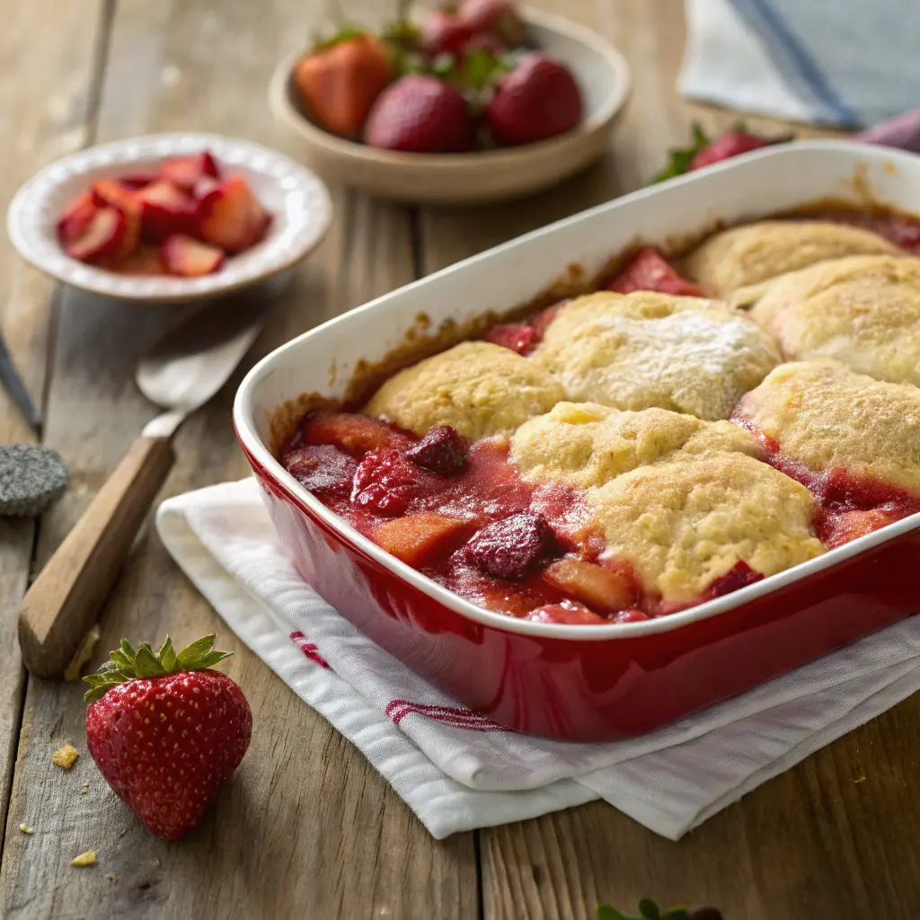 Close-up of strawberry rhubarb cobbler with golden topping