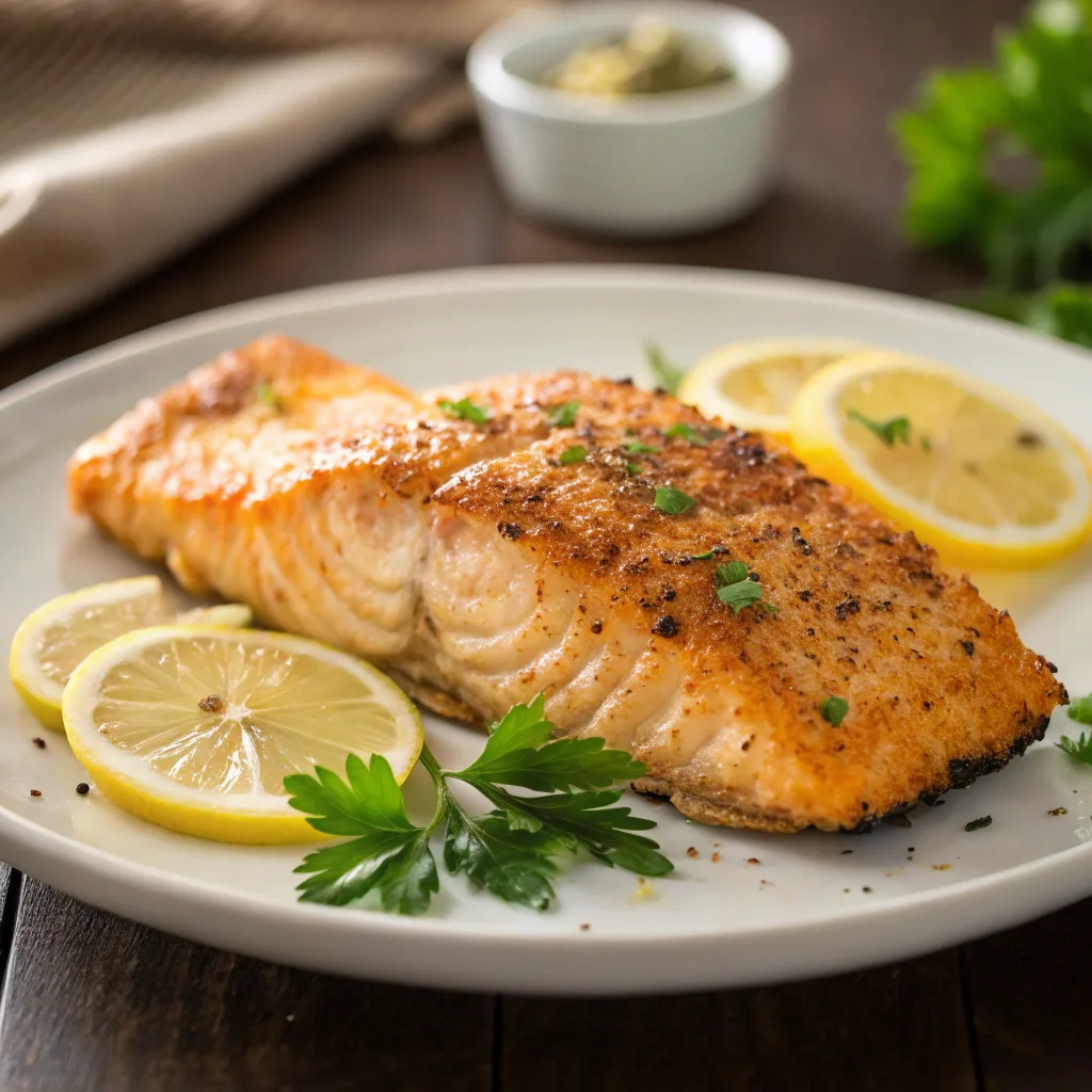 Close-up of crispy fried lemon pepper salmon