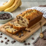 Banana Chocolate Chip Bread – Healthy, Eggless, and Tasty 9 Sliced banana chocolate chip bread on a wooden board
