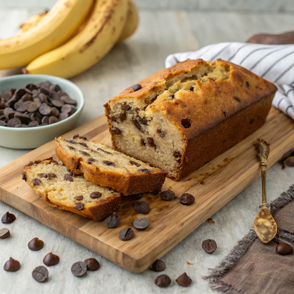 Sliced banana chocolate chip bread on a wooden board