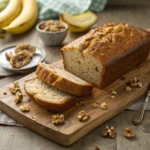 Sliced gluten free banana bread on wooden board