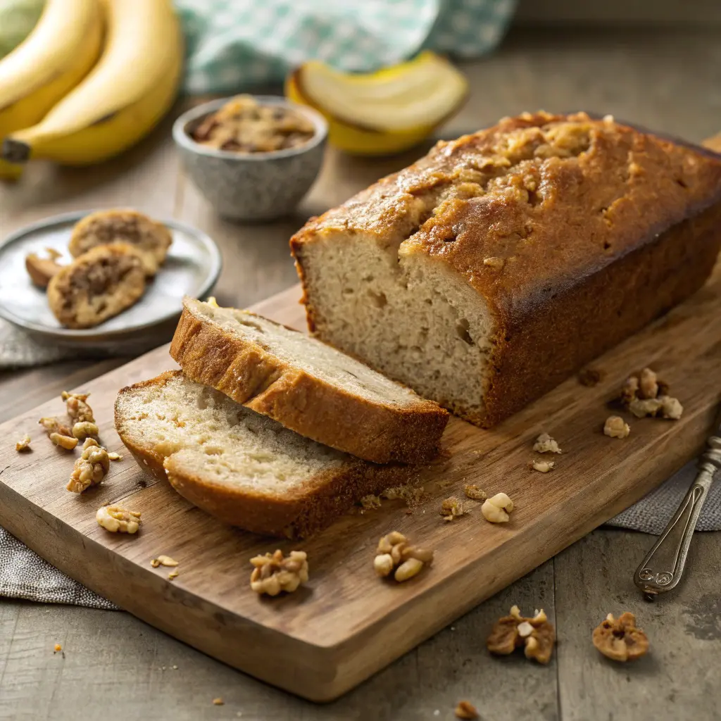 Sliced gluten free banana bread on wooden board