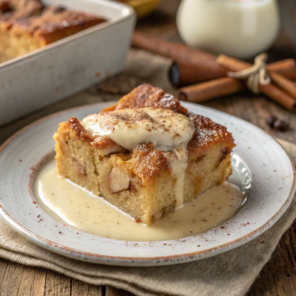 Slice of Irish Bread Pudding with custard sauce