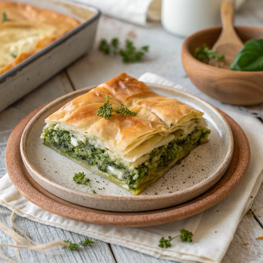Close-up of golden nettle spanakopita