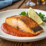 Crispy salmon with roasted red pepper sauce