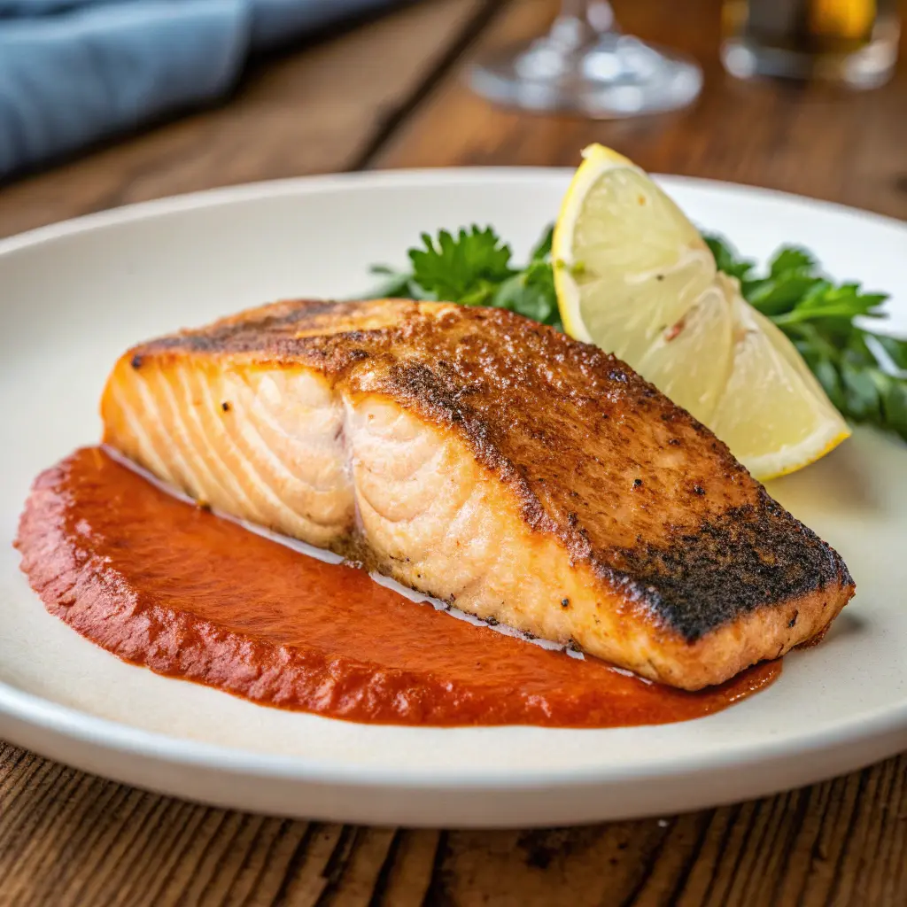Crispy salmon with roasted red pepper sauce