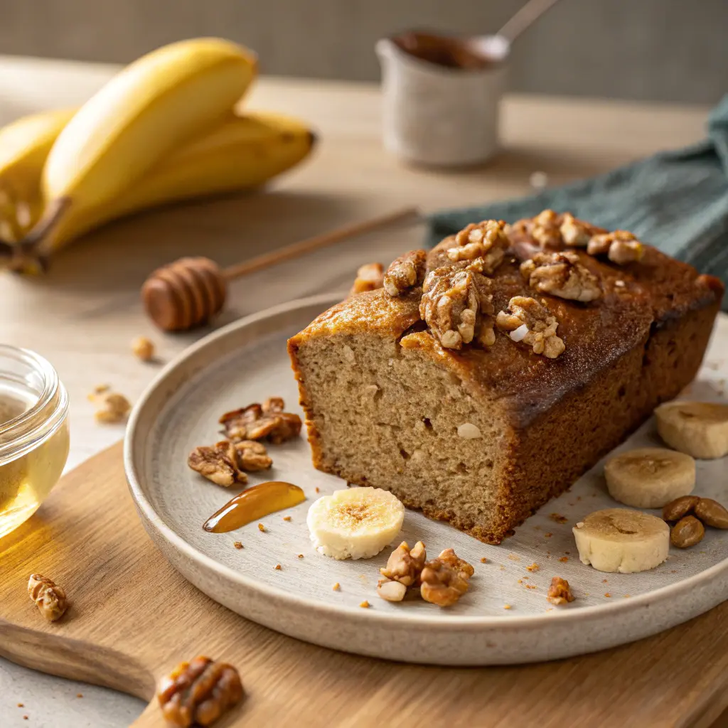 Slice of moist almond flour banana bread