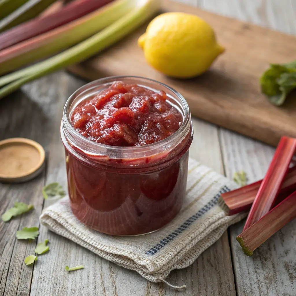 Homemade rhubarb jam in a glass jar