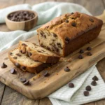 Chocolate chip banana bread sliced on wooden board