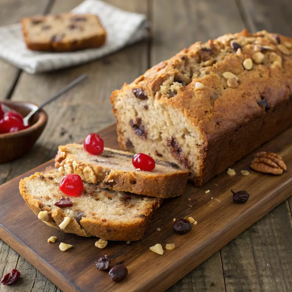 Slice of banana split bread on wooden plate