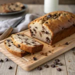 Chocolate chip banana bread sliced on cutting board