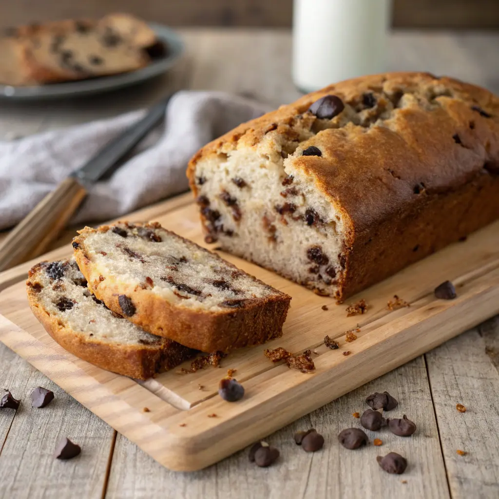 Chocolate chip banana bread sliced on cutting board