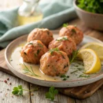 Baked Salmon Meatballs recipe easy and healthy 9 Baked salmon meatballs served on plate