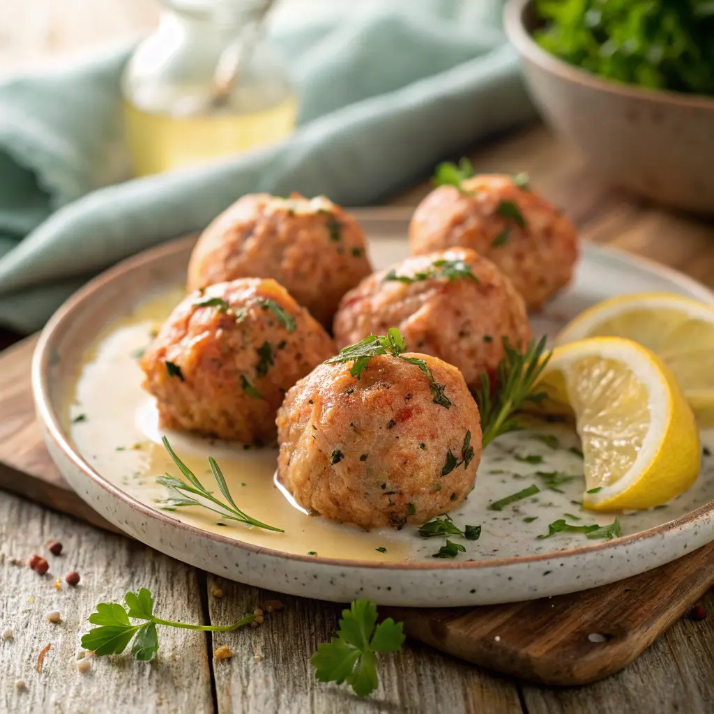 Baked salmon meatballs served on plate