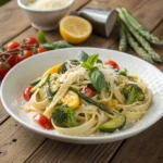 Creamy pasta primavera with fresh vegetables
