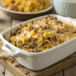 Sour cream beef noodle casserole close-up