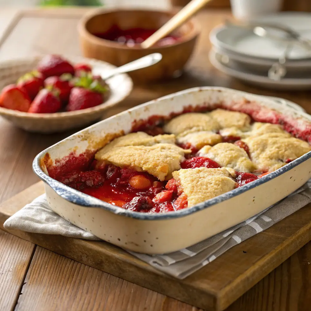 Easy strawberry cobbler dessert with golden crust