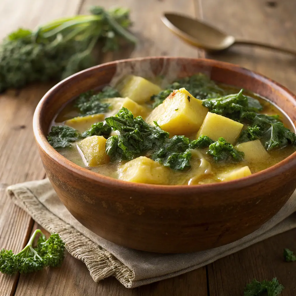 Chunky potato kale soup served hot