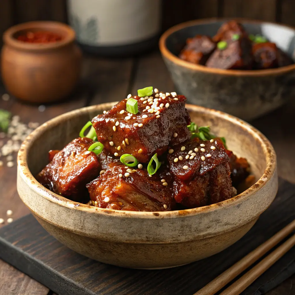 Slow cooker Korean beef short ribs coated in sticky sauce