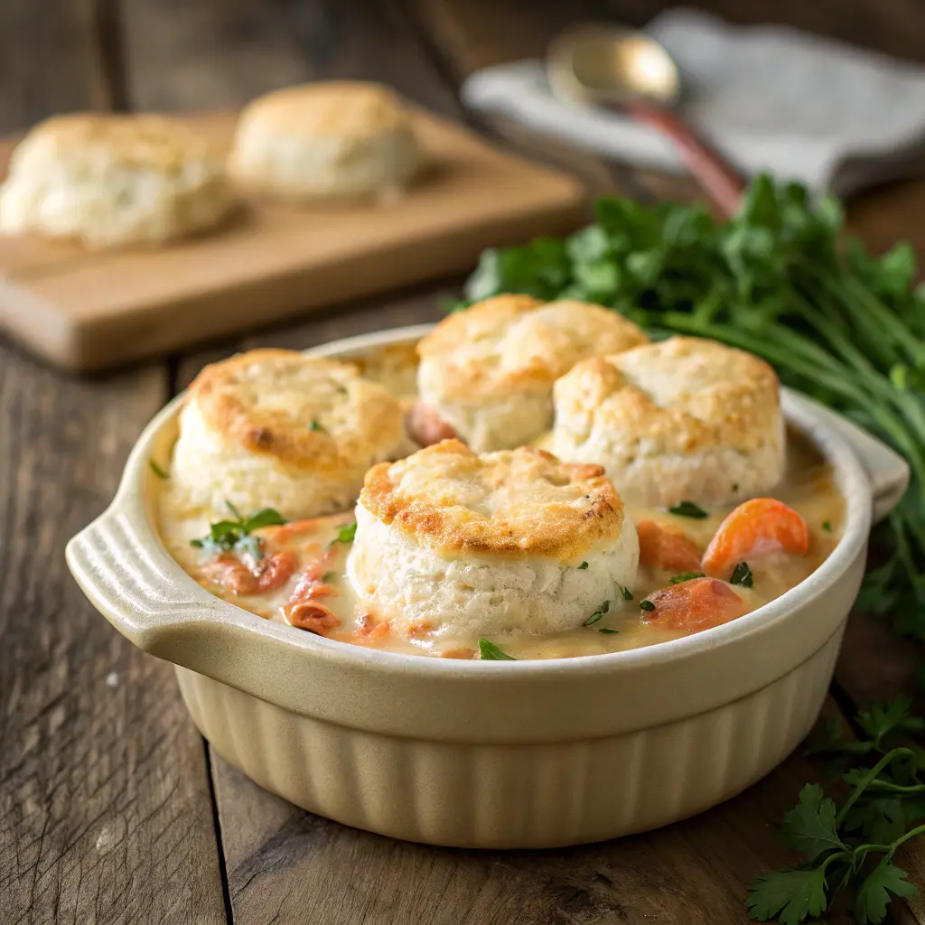 Shrimp lobster cheddar bay biscuit pot pie