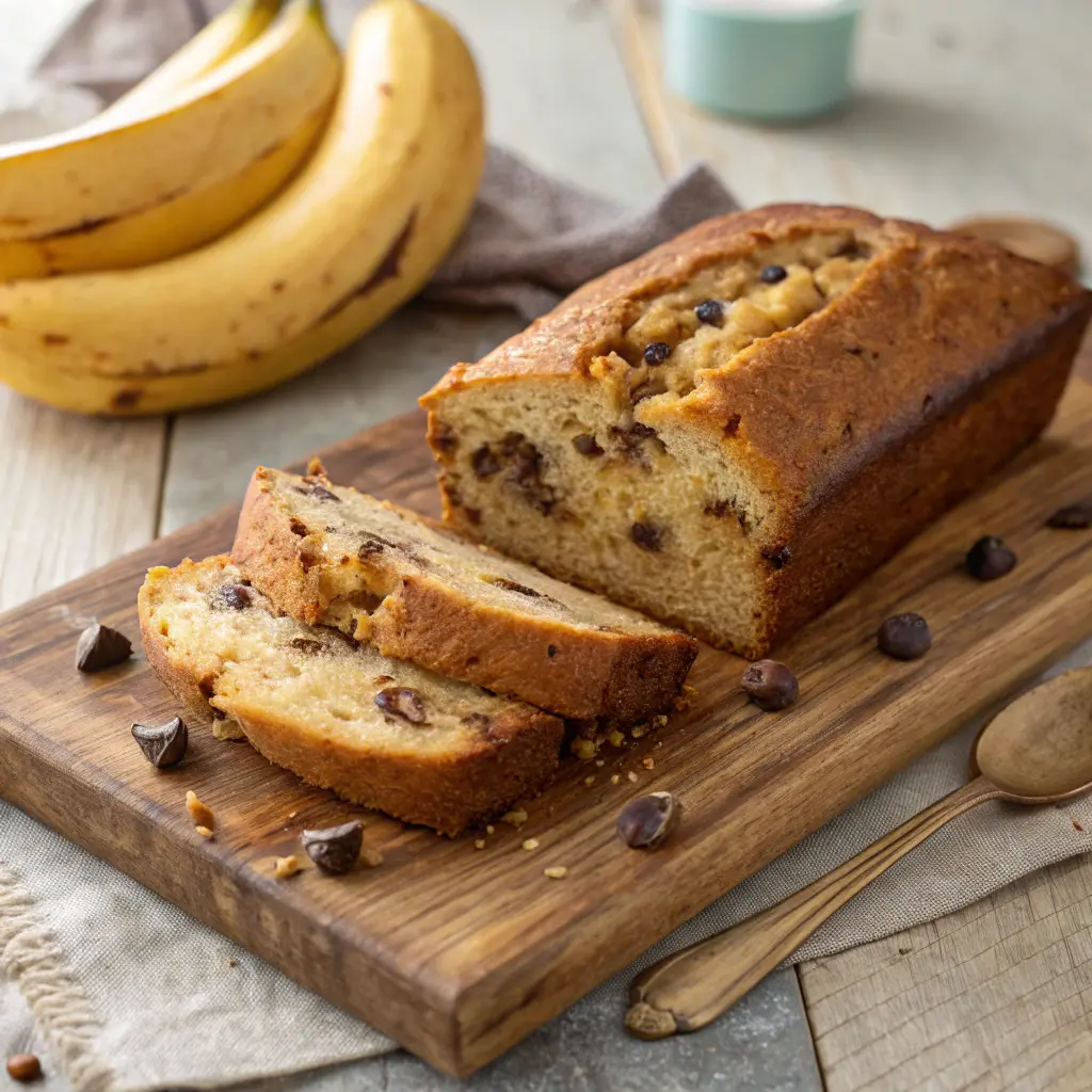 One banana banana bread sliced on wooden board