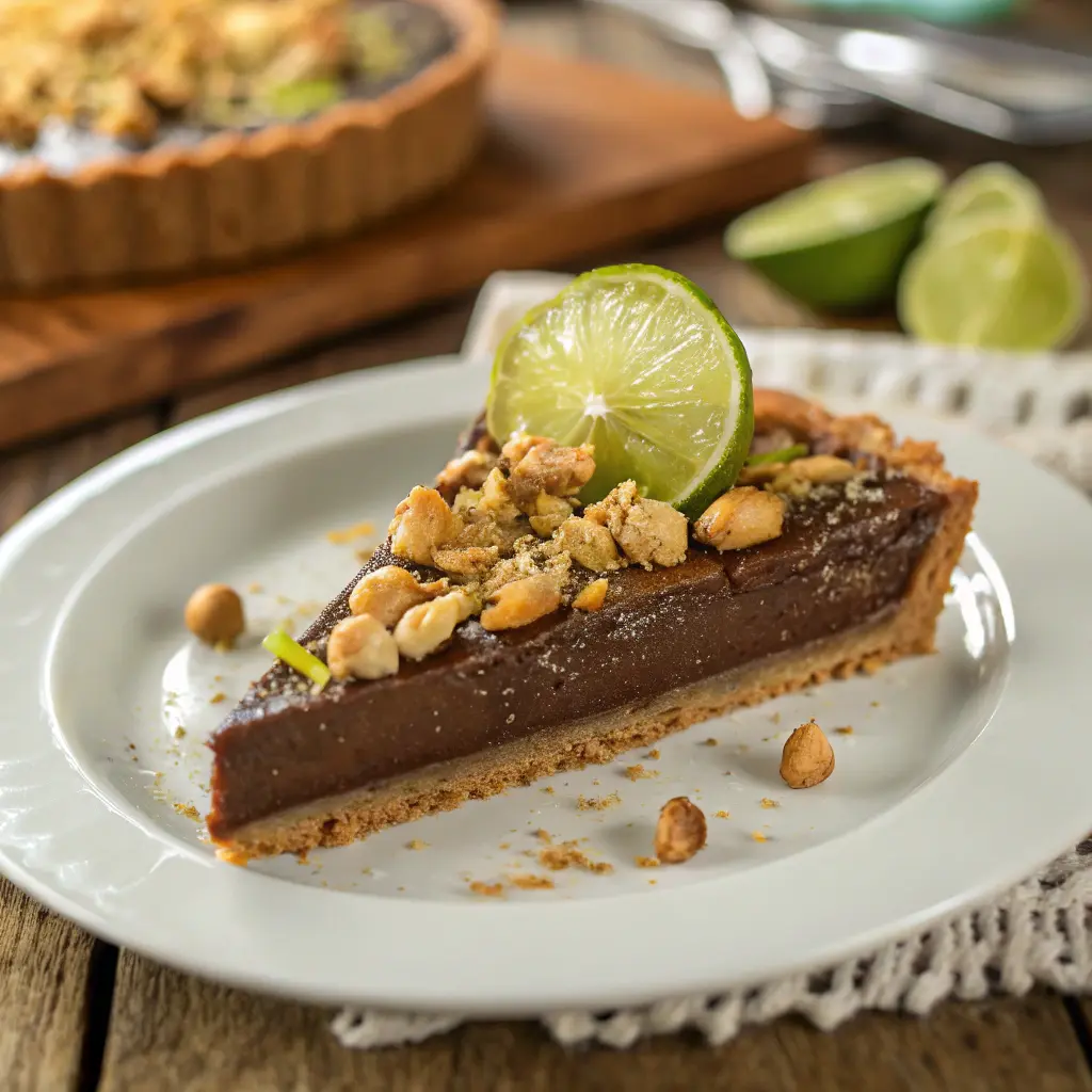 Cocoa-Nutty Lime Tart slice served on white plate