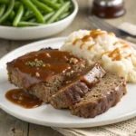 Slice of meatloaf with brown gravy