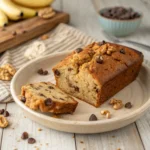 Slice of protein banana bread on ceramic plate