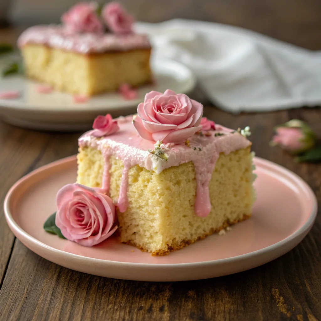 Slice of Rose Poke Cake with frosting roses