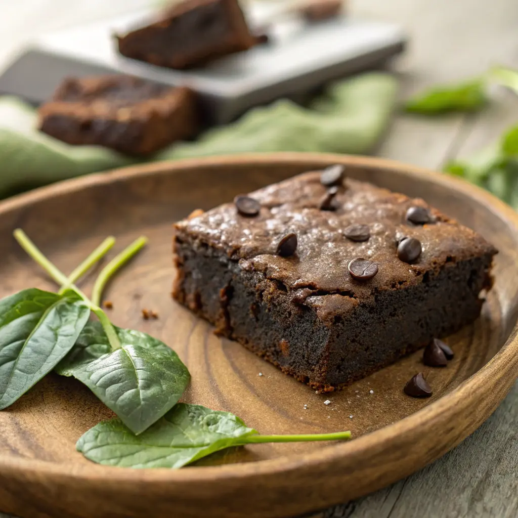 Fudgy spinach brownies on wooden plate